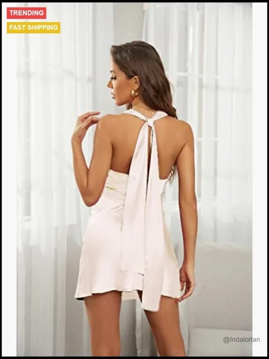 Satin Cowl Neck Halterneck Backless Mini Dress Slip On Bodycon - Picture 3 of 5